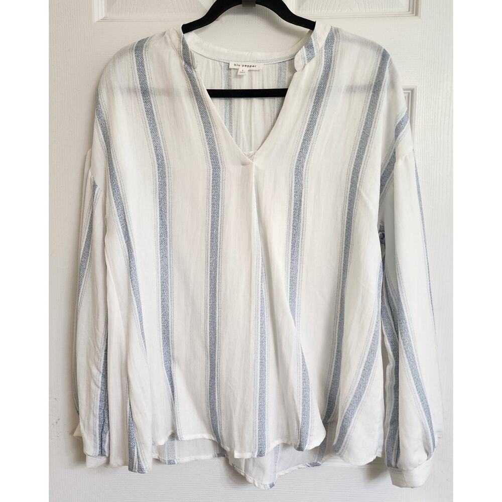 Blu Pepper Sz L Blue and White Stripe Flowy Pullover Nautical Cottagecore Beachy